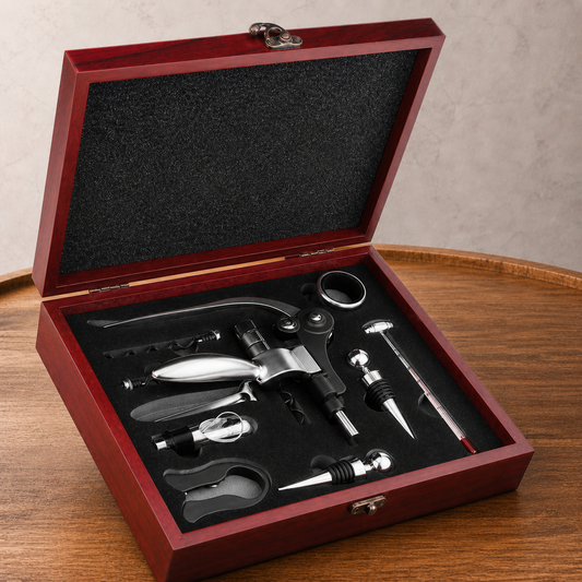 Set of wine tools in a wooden box on a wooden surface